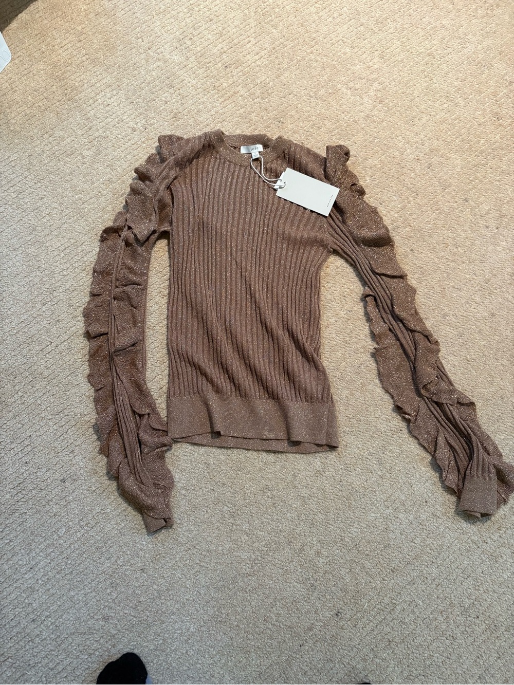 Joie Metallic Brown Ribbed Ruffle-Sleeve Knit Top